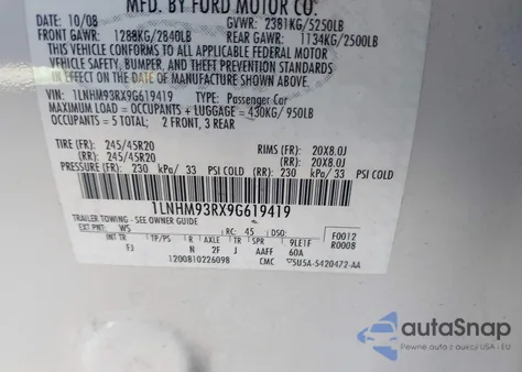 2009 Lincoln Mks z USA, uszkodzony, nr VIN 1LNHM93RX9G619419